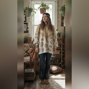 Andreé by Unit Leopard Print Chevron Knit Oversized Sweater 1X NWT Boho